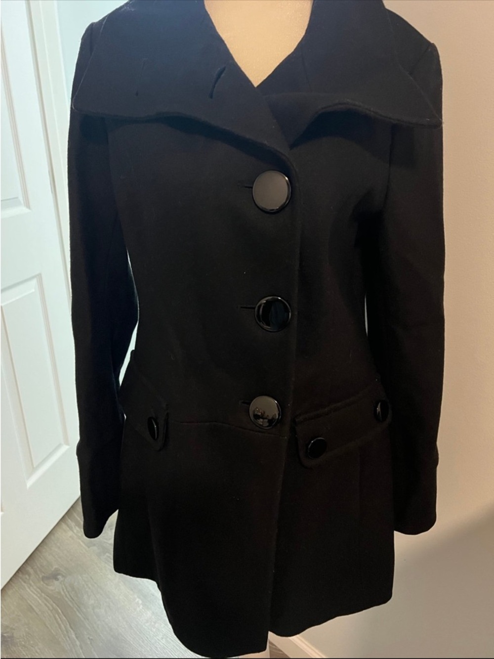 Guess Black Pea Coat with Oversized Buttons